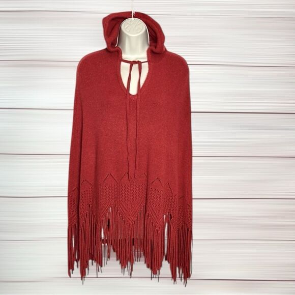 NWT 27 Miles Malibu Cashmere Poncho with Hood Tasseled Hem Burnt Orange XS - Picture 1 of 10